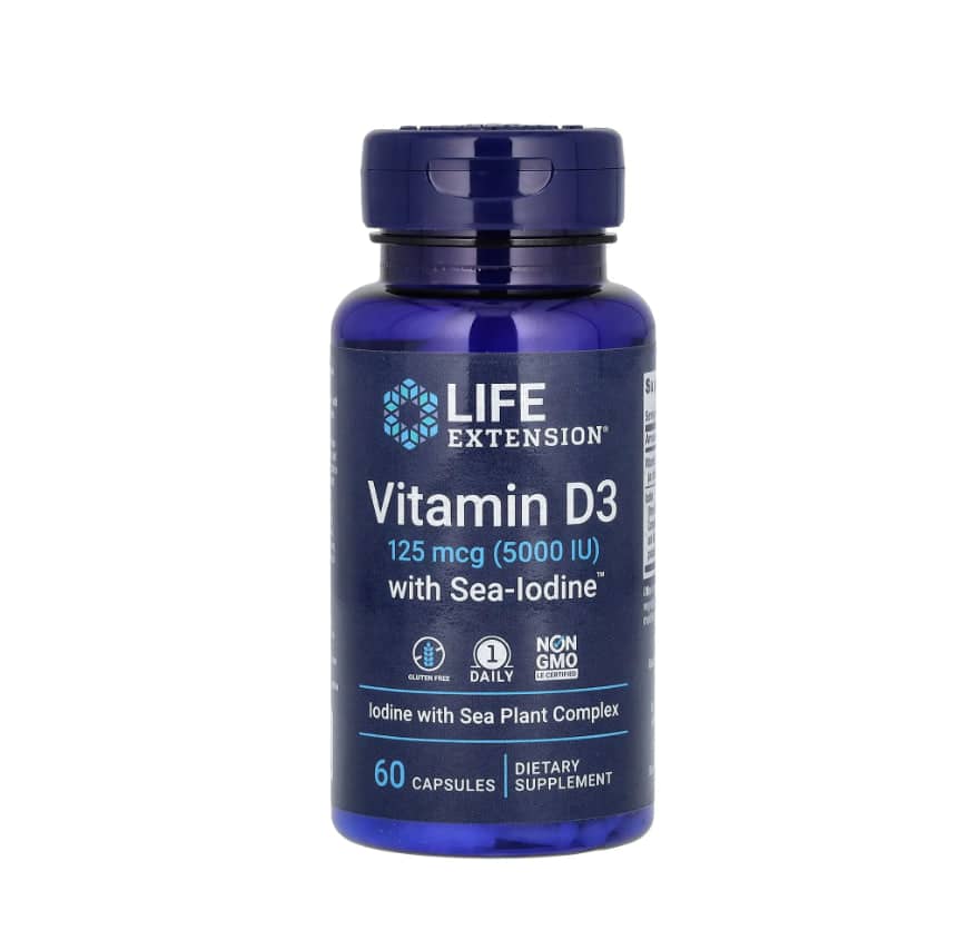Vitamin D3, Life Extension, with Iodine, 125 mcg (5,000 IU), 60 Capsules 1