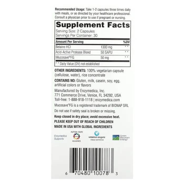 Enzymedica, Fast-Acting Betaine HCl, 60 Capsules 2