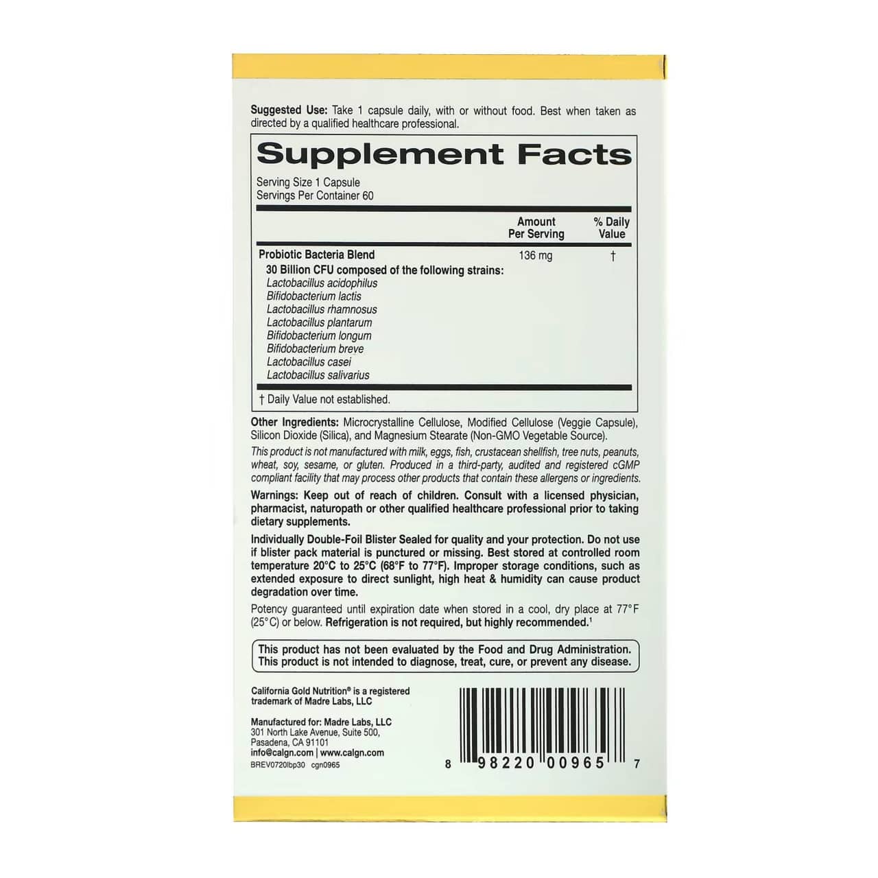 California Gold Nutrition, LactoBif® 30 Probiotics, 30 Billion CFU, 60 Veggie Capsules 2
