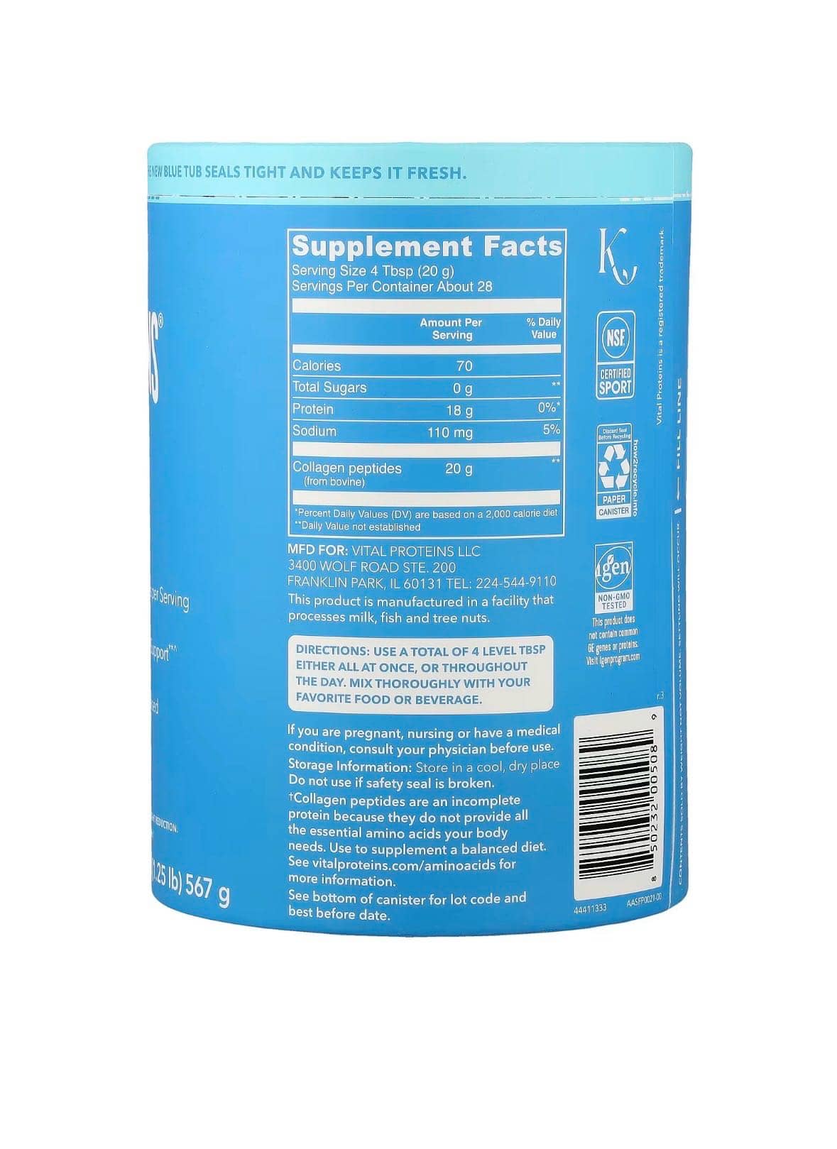 Vital Proteins, Collagen Peptides, Unflavored, 20 oz (567 g) 2