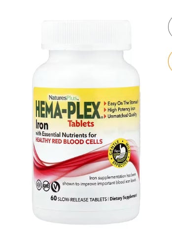NaturesPlus, Hema-Plex®, Iron with Essential Nutrients for Healthy Red Blood Cells, 60 Slow-Release Tablets