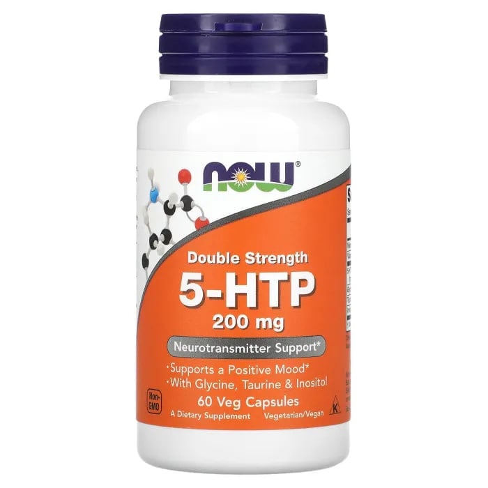 NOW Foods 5-HTP, 5-Hydroxytryptophan, 5-HTP, Double Strength, 200 mg, 60 Veggie Capsules