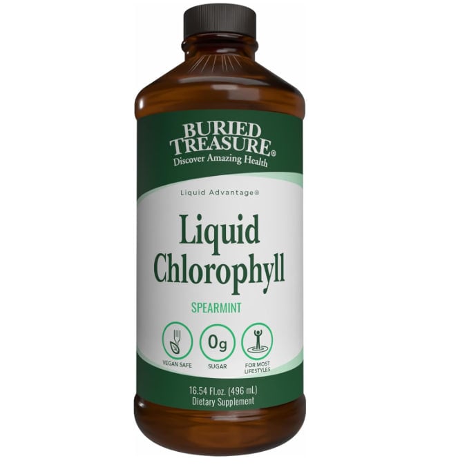 Buried Treasure Liquid Chlorophyll 100 mg Dietary Supplement, Energy Boost Immune Support Detox Intestinal Digestive Support Natural Body Deodorant Vegan Non-GMO Alcohol Free Spearmint Flavor,16 oz