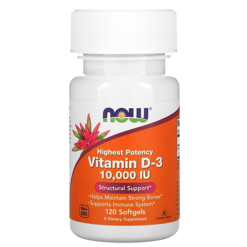 NOW Foods, Витамин D3 высшей эффективности, 10 000 МЕ, 120 мягких капсул