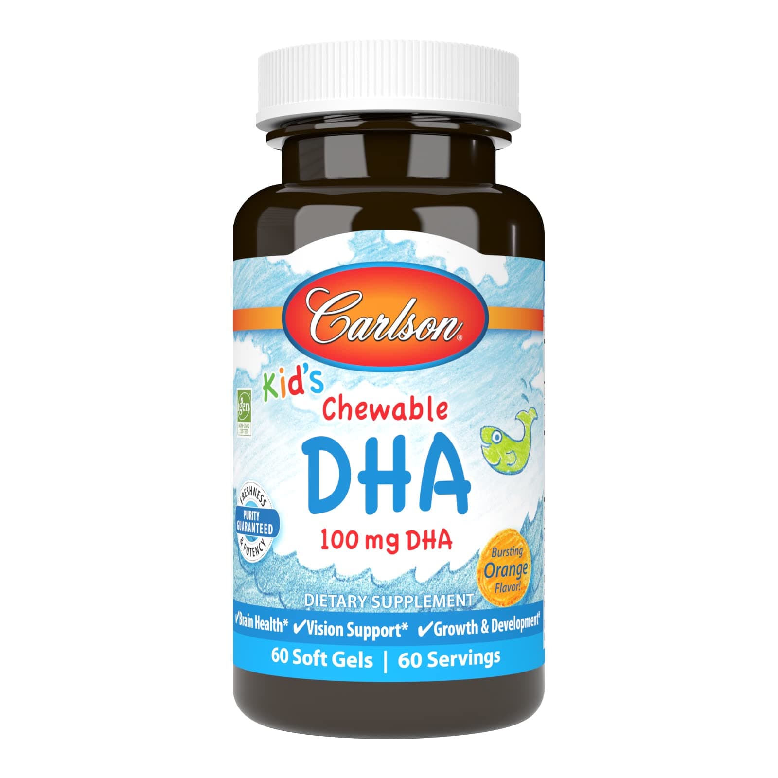 Carlson Labs, Kids Chewable DHA, детское здоровье, апельсиновый вкус, 100 мг, 60 штук